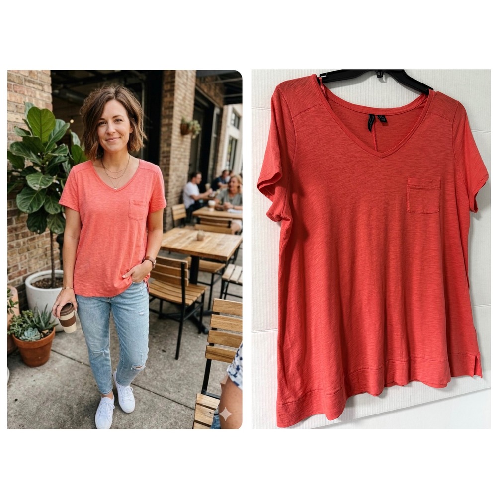 Cynthia Rowley Coral Slub Knit V-Neck Pocket Tee 2X Beach Resort Cruise Casual